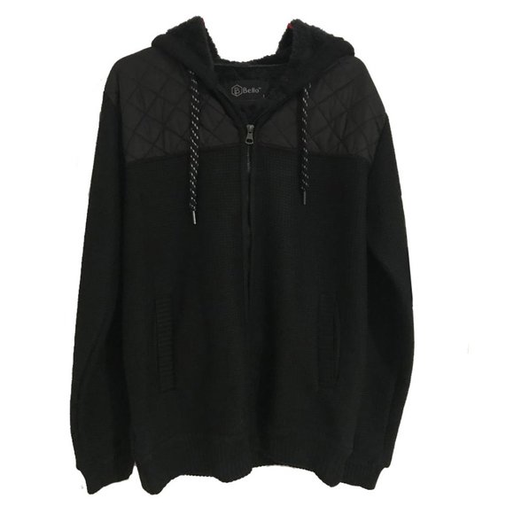 Men's Winter Quilted Fur-Lined Full-Zip Warm Sweater Hoodie Jacket, Black, L - Picture 1 of 10